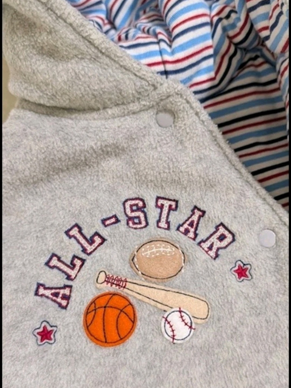 child of mine Gray Hooded Bib with Sports Embroidery and Red/Blue Stripes